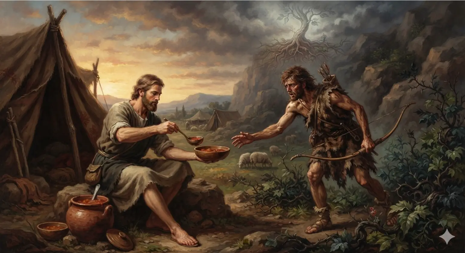  A symbolic and somber illustration representing Hebrews 12:15–17. In the center, a dark, gnarled, and thorny root grows aggressively from the earth, spreading dark veins into the soil to symbolize bitterness. In the foreground, a simple, steaming clay bowl of red lentil stew rests on a rustic stone, representing Esau's traded inheritance. The background features a dramatic, moody sky where a soft, distant heavenly light is fading away, evoking a powerful sense of missed blessings and deep regret.
