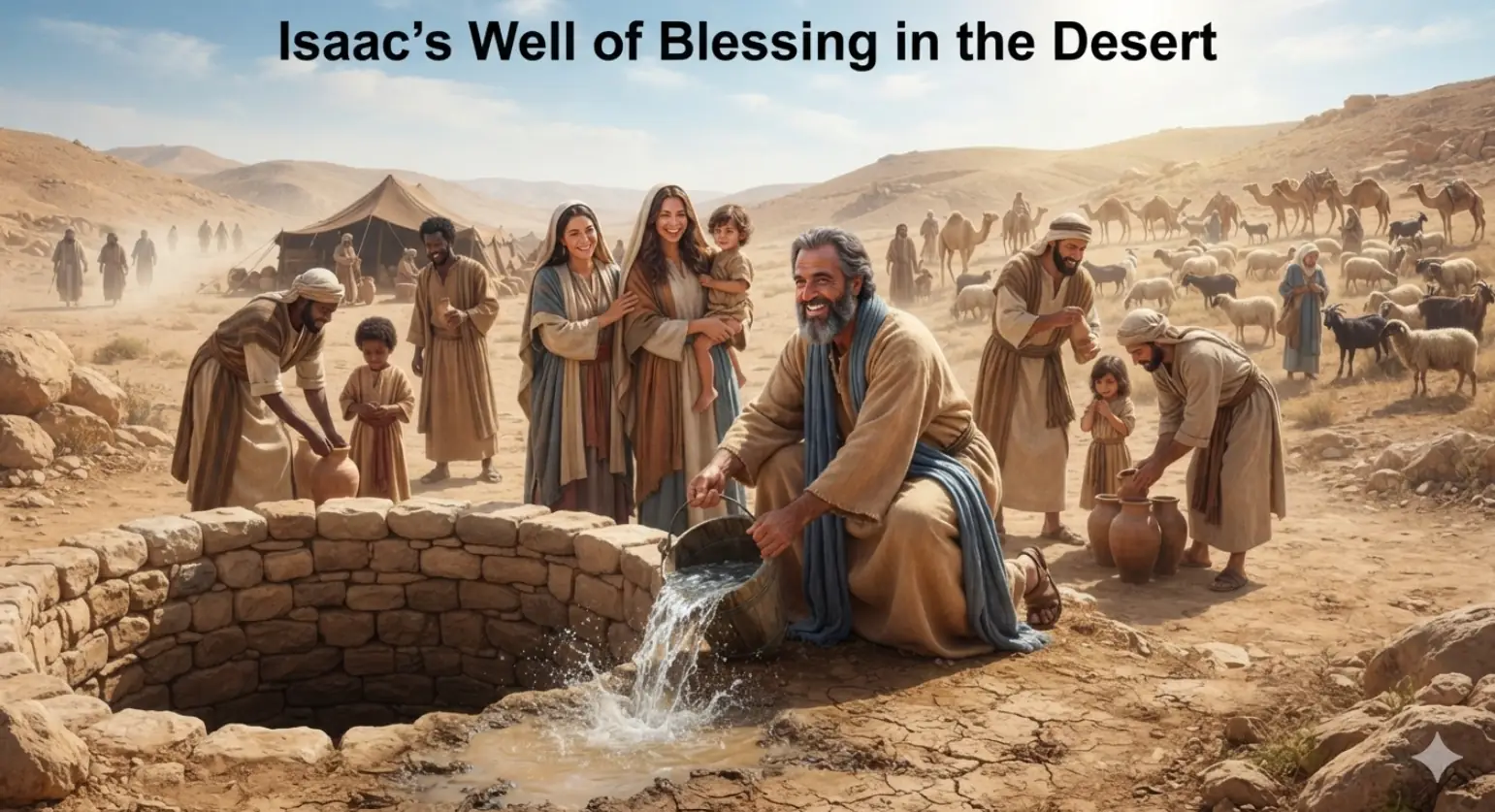 An artistic, wide-angle depiction of an ancient biblical scene set in an arid, sun-drenched desert landscape. In the foreground, a diverse group of men and women of mixed Middle Eastern and North African ethnicities are working together around a newly excavated stone well. Clear, sparkling water is joyfully springing up from the center of the well, splashing onto the dry earth.In the mid-background, two distinct leaders meet with gestures of mutual respect: one is an older, bearded Hebrew patriarch dressed in simple, flowing nomadic robes, and the other is a Philistine king adorned in regal, structured attire with subtle gold accents. Behind them are several ancient cloth tents and scattered palm trees. The entire scene is illuminated by warm, golden sunlight, casting soft shadows and evoking a profound sense of hope, divine blessing, and hard-won peace.