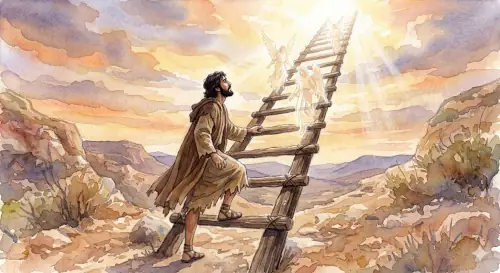 A watercolor illustration depicting the biblical figure Jacob stepping onto a large wooden ladder that extends diagonally up into a bright, glowing sky. Jacob is shown from the side, wearing simple, tattered brown robes and sandals, looking upward with an expression of awe. The ladder reaches into a burst of heavenly light at the top right, breaking through soft purple and orange clouds. Faint, translucent angels with wings are seen ascending the rungs of the ladder. The scene is set in a rocky, desert canyon landscape with muted earthy tones.