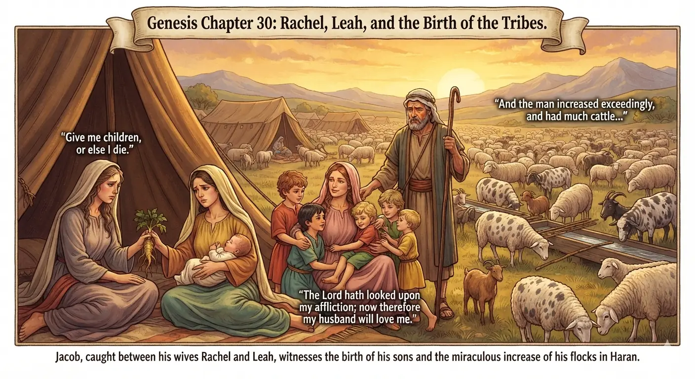 An illustrative, warm-toned biblical scene depicting the key narrative conflicts and themes of Genesis Chapter 30.
The image is split into two primary thematic sections:
• The Left Side (Family and Fertility): Set inside and around large desert tents, the scene captures the emotional rivalry between Jacob’s wives. On the far left, a distressed Rachel kneels, holding out a mandrake root plant while a speech bubble reads, Give me children, or else I die. Next to her, a sorrowful Leah sits cradling a newborn infant. In the center, a mother figure comforts a gathering of young children, accompanied by a speech bubble that reads, 'The Lord hath looked upon my affliction; now therefore my husband will love me.'
• The Right Side (Prosperity and Flocks): An elderly, bearded Jacob stands centrally holding a wooden staff, looking over his expanding wealth. Behind and beside him, vast hillsides are covered with large herds of sheep and goats. Many of the animals are distinctly speckled, spotted, and striped, drinking from wooden watering troughs filled with peeled poplar and almond rods. A speech bubble over the herd reads, 'And the man increased exceedingly, and had much cattle...'
At the bottom, a descriptive caption sums up the scene: 'Jacob, caught between his wives Rachel and Leah, witnesses the birth of his sons and the miraculous increase of his flocks in Haran.'
